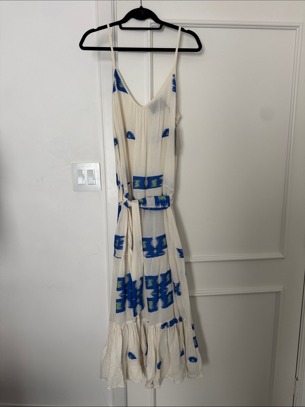 Cream Maxi Dress with Blue Print and Tie Waist